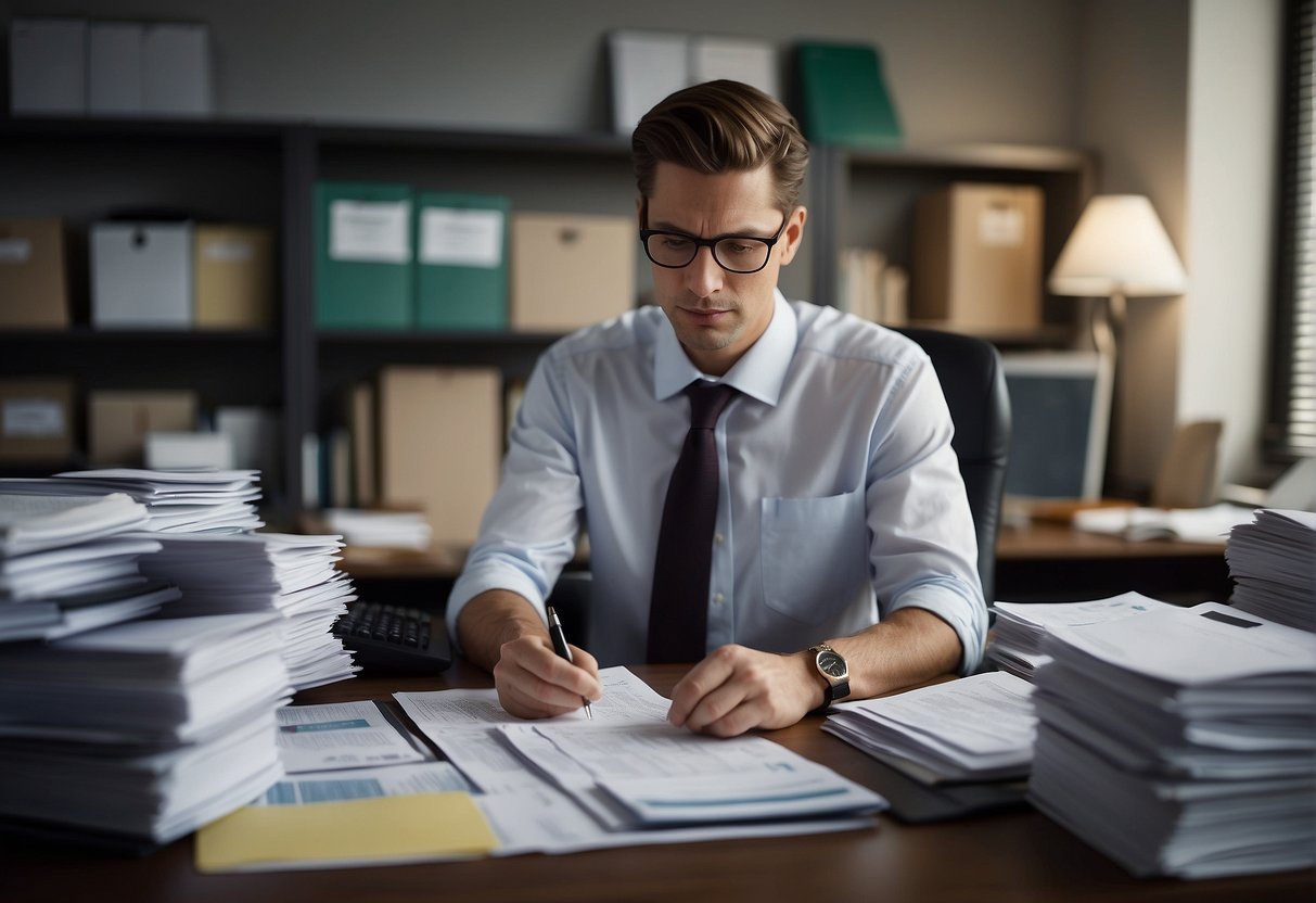 A bookkeeper organizes financial records in an office setting, using a computer and various documents