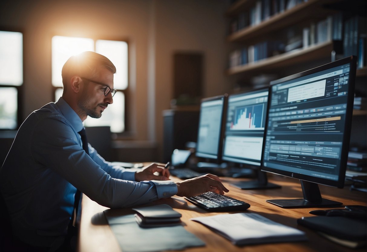 A bookkeeper inputs financial data into accounting software, organizes records, and prepares reports