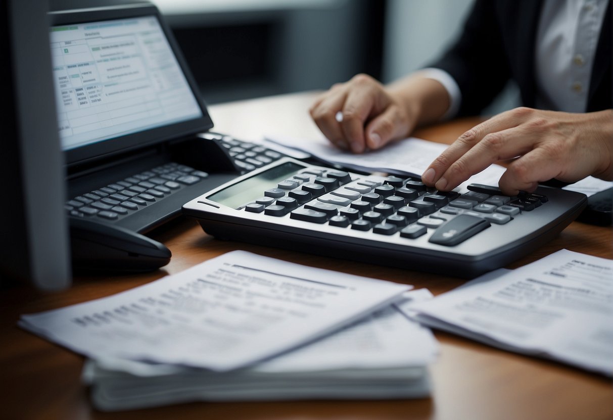 A bookkeeper organizes receipts and invoices, reconciles accounts, and prepares financial statements using a computer and calculator